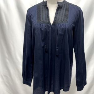 J.Crew Embroidered Bib Peasant Top Navy Blue Sz Small
